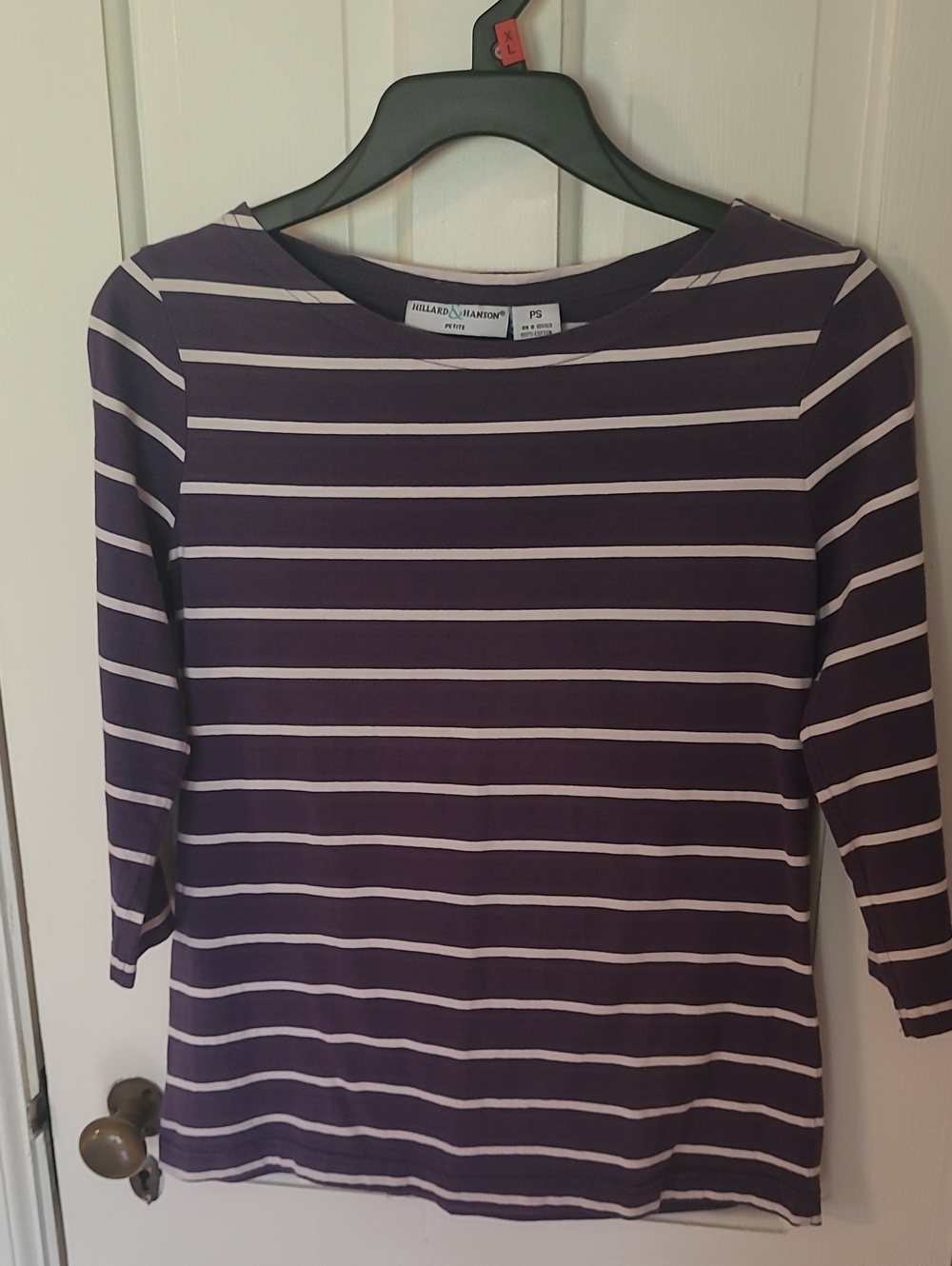 Hillard & Hanson Navy and White Striped Boatneck Top With button Detail